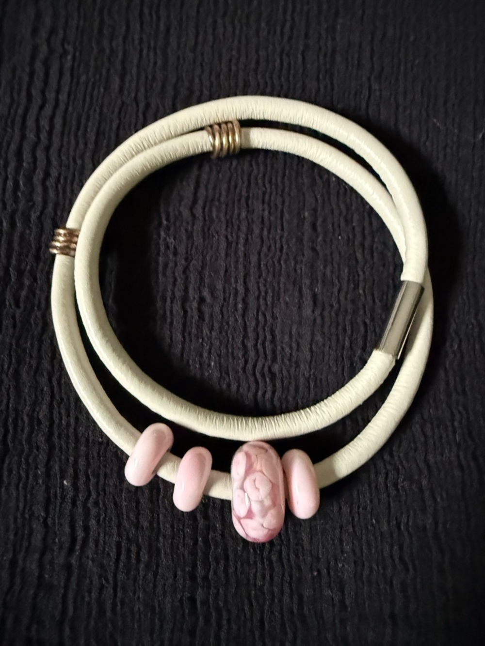White Leather Wrap Bracelet with Pink Glass Beads